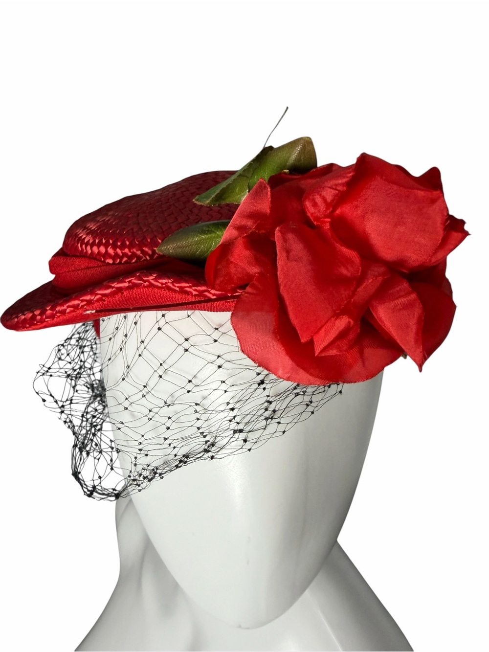 Vintage Red Floral Veiled Cocktail Hat with Rose Accent Netting